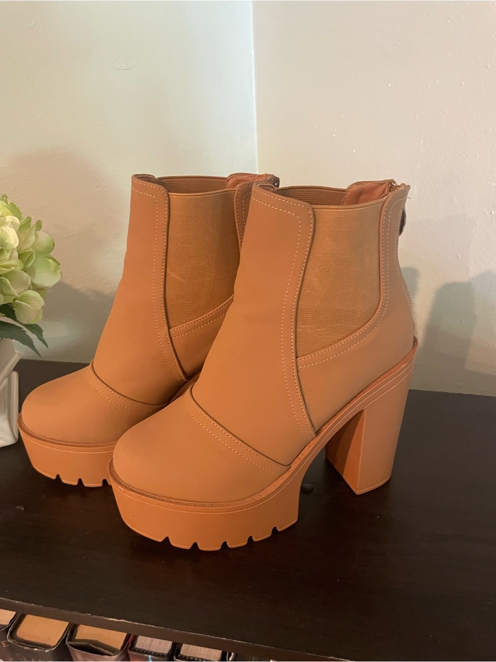 Tan Chunky Platform Ankle Boots
